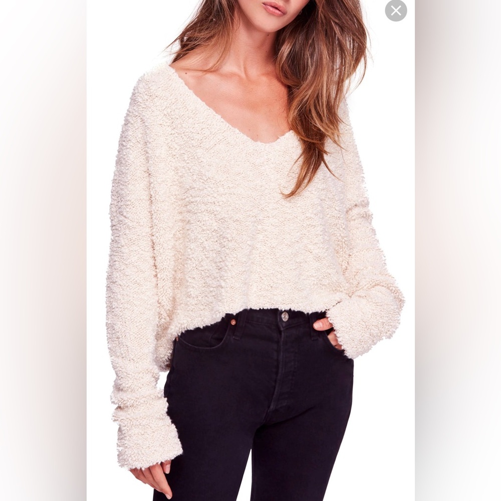 Free People Cotton Women's Ivory V-neck Popcorn pullover size S oversized